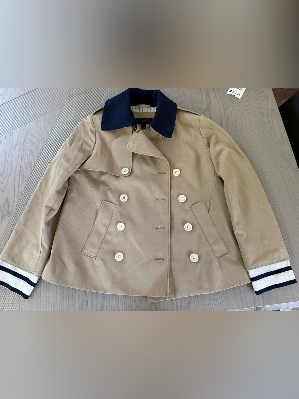 JCrew Double-Breasted Tan Jacket with Navy Collar